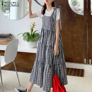 

Fashion Ruffle Dress Women's Summer Check Vestidos 2020 ZANZEA Casual Overalls Dresses Female Plaid Lace-Up Robe Plus Size 5XL