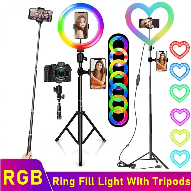 Tongdaytech 하트 밝기 조절 RGB LED 셀카 링 필 라이트, 사진 링 램프 삼각대, 메이크업 비디오 라이브, 셀룰러