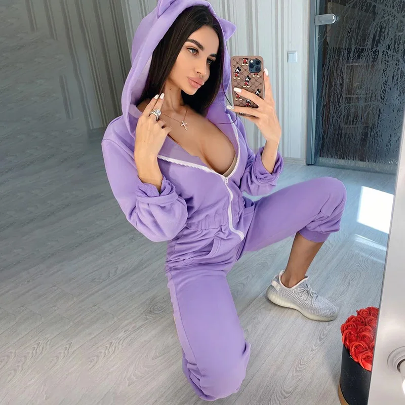 Beyouare Autumn Casual Sport Women Jumpsuit Cute Little Ears Hooded Zipper Long Sleeve Top Elastic Waist Pocket Pants Jumpsuit