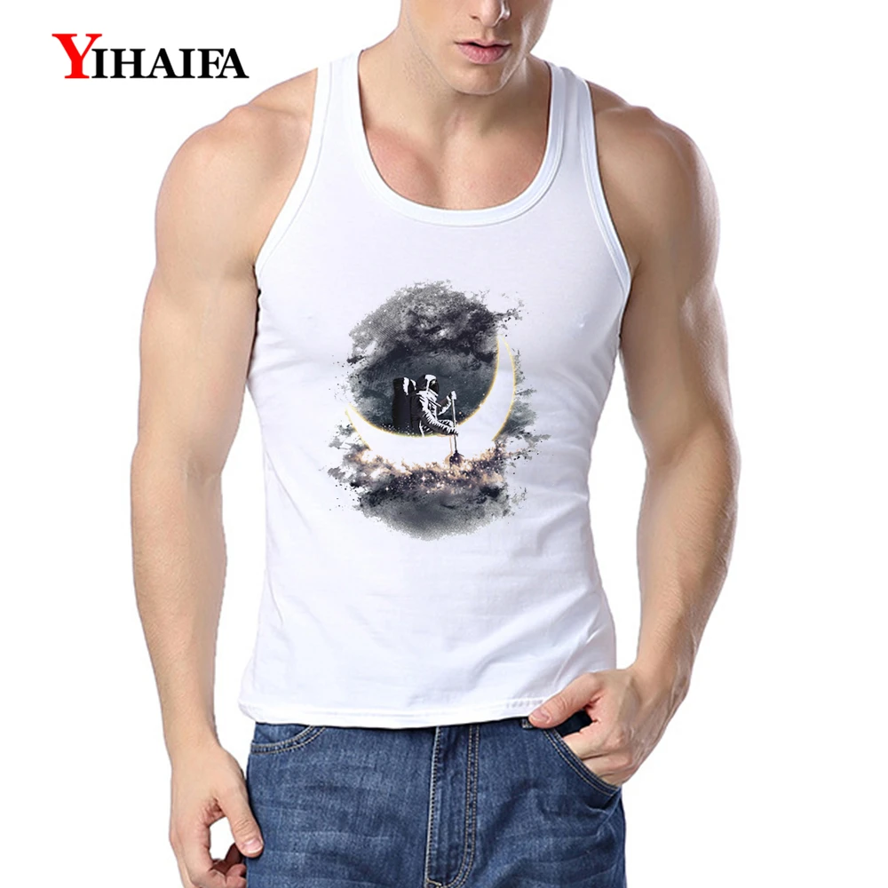 

YIHAIFA Mens Workout Shirts Gym Clothing Galaxy Astronaut Printed Singlet Bodybuilding Men Tank Top Fitness Muscle Shirt