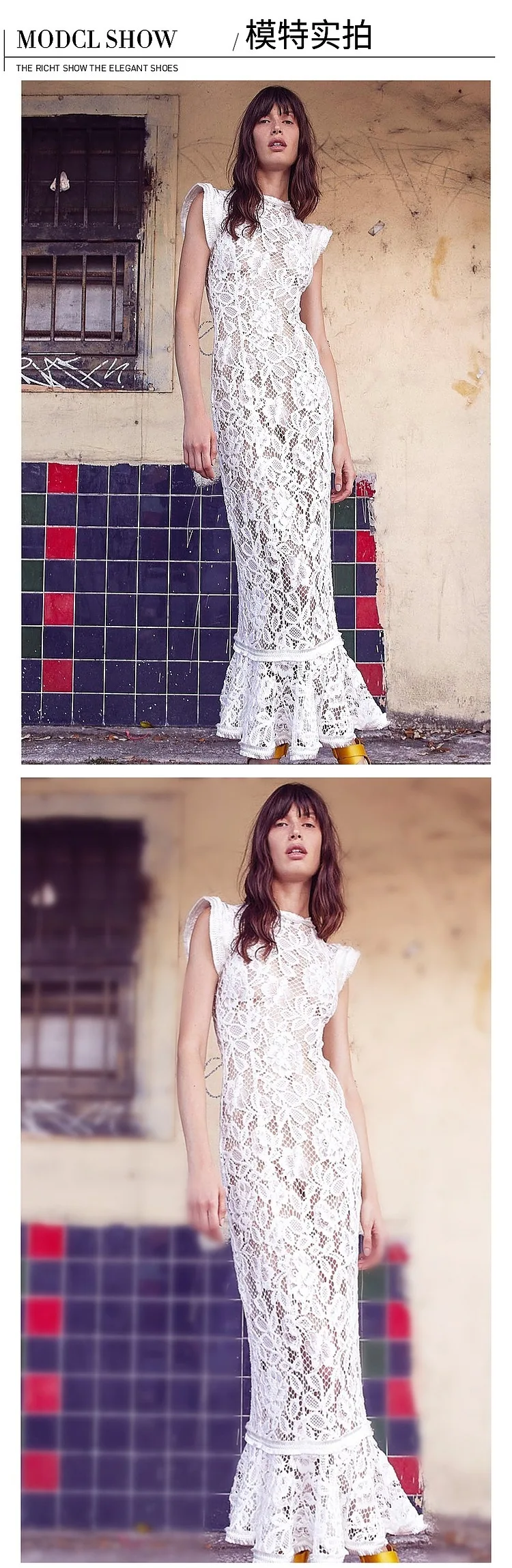 BacklakeGirls White High Neck Lace Cut Out Mermaid Ruffle Sleeves Cocktail Dresses Tea Length Women Cokctail Party Dress
