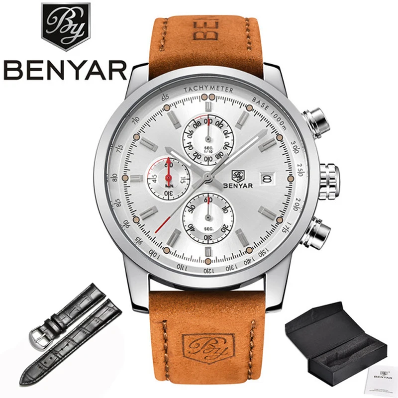 Silver White BENYAR часы мужские роскошные брендовые кварцевые часы модные хронограф часы Reloj Hombre спортивные часы мужские часы Relogio Masculino - Цвет: Silver White