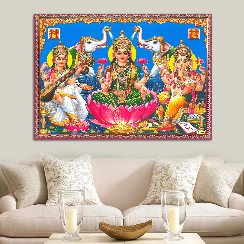 Wall Decor Ganesha and Saraswati Portrait Painting Canvas Wall Art