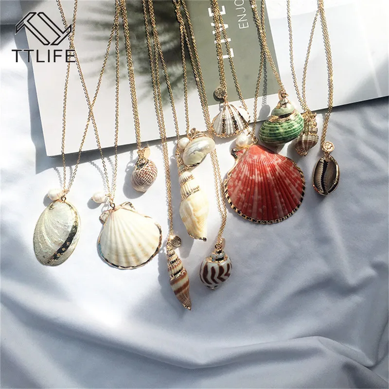 

TTLIFE Natural Shell Necklace Marine Conch Cowrie Shell Pendant Necklace For Women Gold Color Chain Statement Choker Necklace