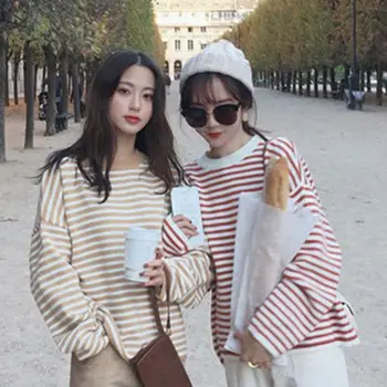 

Autumn Spring Sweater Korean Style Women Stripes Print Loose Long Sleeved Round Collar Casual Pullover Jumpers