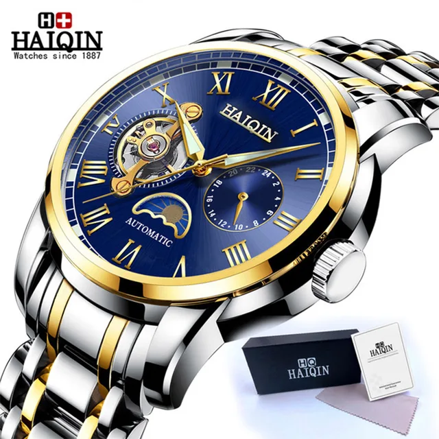 HAIQIN Automatic Mechanical Watch Men Stainless Steel Watches Mens Brand Luxury Business Waterproof Wristwatch relogio masculino Gold Blue S