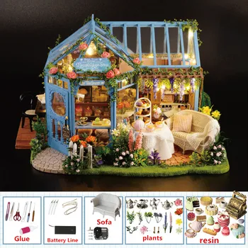 

Rose Garden Miniature Dollhouse Room Furniture Accessories Kits DIY House with LED Lights Wooden Puzzel Toys for Children