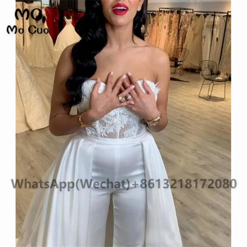 Lace Stain Women Wedding Jumpsuit with Removable Skirt 2020 Strapless Abiye Bride Wedding Gowns with Pant Suit Deane Lita (2)
