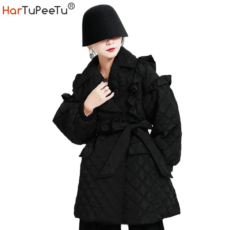 Spring Autumn Ladies Long Cotton Padded Jacket with Belt Argyle Women Coat Vintage Ruffles Decorate Pockets Outwear