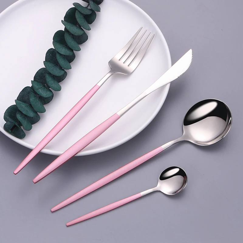 US $28.66 30pcs6set Pink Silver Cutlery Set Knife Fork Spoon Dinner Tableware Set Stainless Steel Dinnerware Set Kitchen Silverware Set
