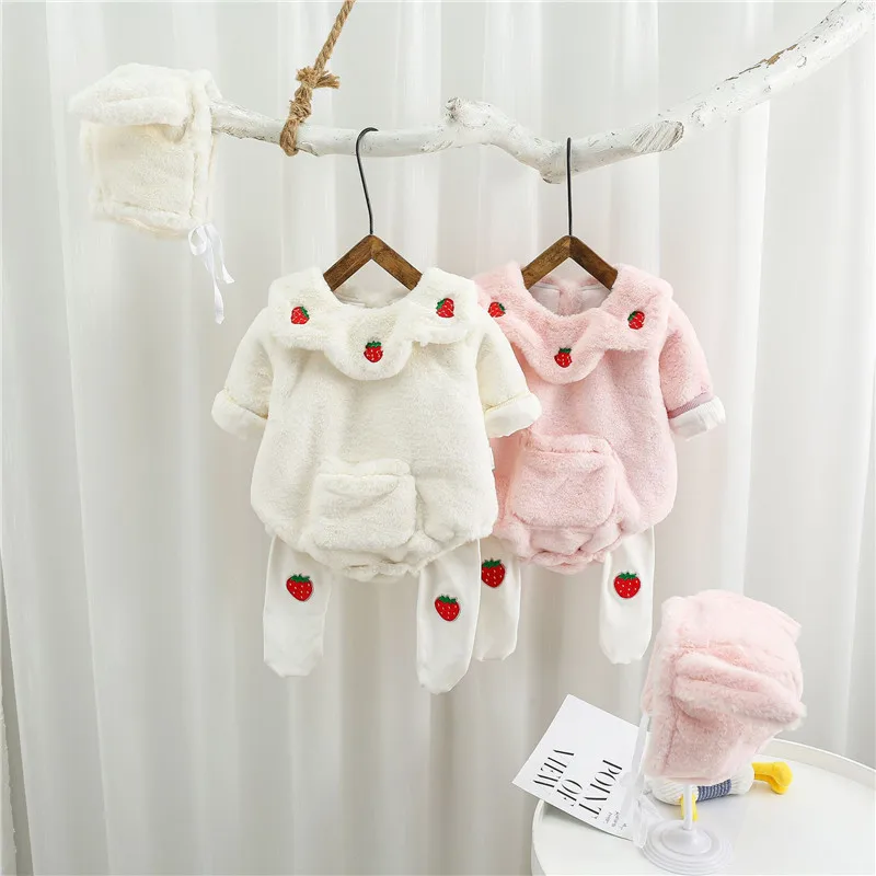 Lovely Girls Romper Baby Long Sleeve Winter Baby Jumpsuit Three-piece Set Strawberry Hooded Baby Hat+Romper+Siamese Tight