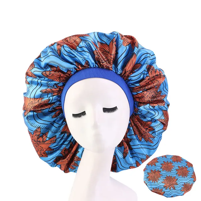 New Women Big Size Beauty print Satin Silky Bonnet Sleep Night Cap Head Cover Bonnet Hat for For Curly Springy Hair Black 408C LB orange
