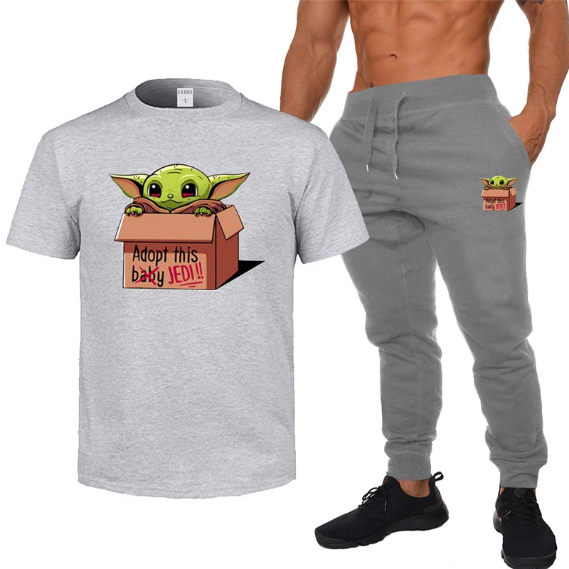 Low Price 2 Piece Men's Sets Print Lovely Baby Yoda tshirts Pant Fashion T-shirt+Sweatpants Mandalorian Tracksuit Trousers Sweat Suits Men
