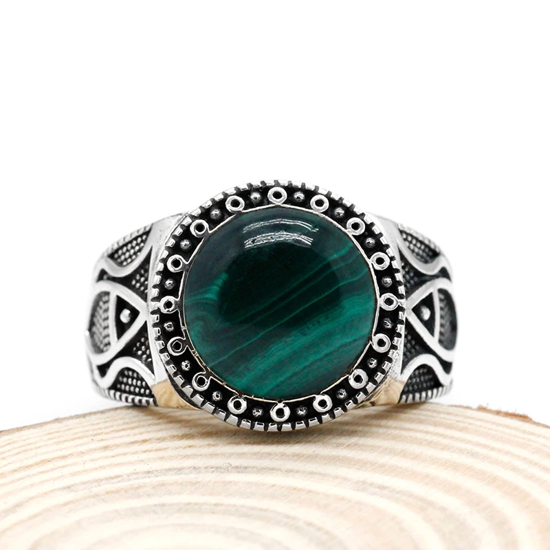 Natural stone pure 925 sterling silver antique Turkish ring, malachite men's agate color punk rock jewelry