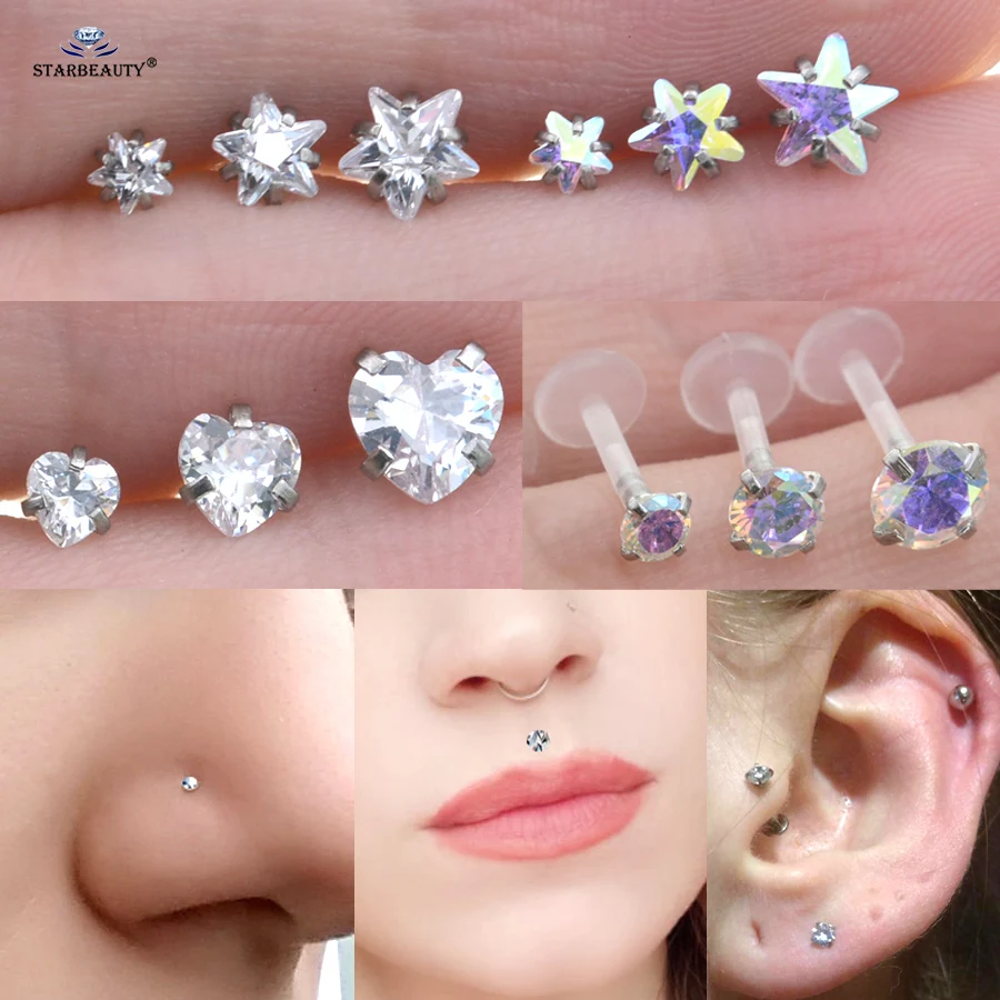 2pcs Top Crystal 3/4/5mm Heart Star Round Helix Tragus Piercing Oreja Nose Piercing Nariz Labret Lip Ring Nose Ring Earring Gift nose rings piercing jewelry body piercing earrings ear piercing jewelry body piercing jewelry body jewelry