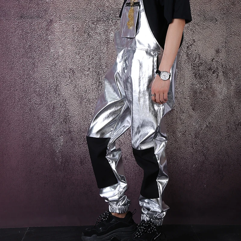 Мужские и женские модные повседневные свободные брюки на лямках сценический костюм мужские уличные хип-хоп панк серебряные кожаные комбинезоны брюки-комбинезоны