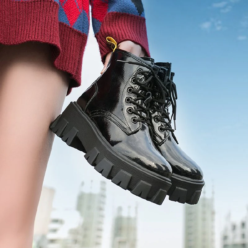 E TOY WORD Black Martin boots women boots autumn single boots waterproof platform thick bottom leather boots lace up women shoes