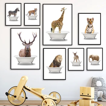 

Elephant lion zebra giraffe Deer tiger Bathtub Wall Art Canvas Painting Posters And Prints toilet Wall Pictures baby Room Decor