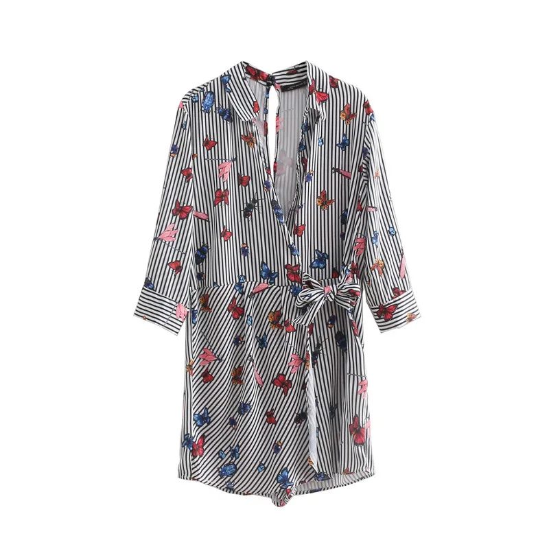 

C7037-5603 WOMEN'S Dress Basic Men's Loose Women's Lace-up V-Shaped Butterfly Printed Striped Dress