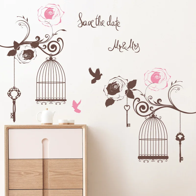 8 Colourful Birds Mural Decals Cage Birdcage Silhouette Wall Vinyl Stickers 