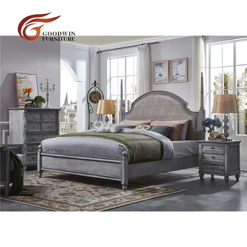 

modern bedroom light grey color wood furniture soft fabric back bed and match night stand drawer chest WA402