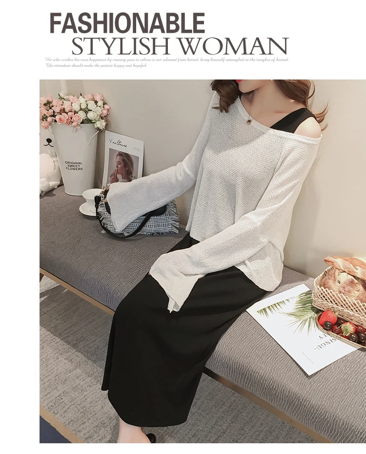 Autumn Maternity Long Flare Sleeve Loose Sweater+Lactation Sundress Twinset Postpartum Women Nursing Clothes Set Breastfeeding