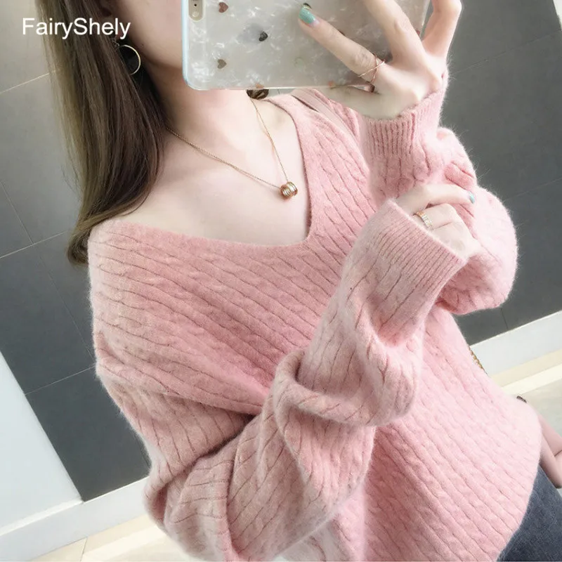 FairyShely Повседневный женский свитер с v-образным вырезом зимний теплый джемпер розовый свободный кашемировый свитер вязаный пуловер Топ Pull Hiver Femme - Цвет: Розовый