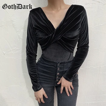 

Goth Dark Harajuku Slim GothicFemale Bodysuits Skinny Longsleeve Autumn Winter 2019 Aesthetic Ruched Chic Bodysuit Grunge Chic