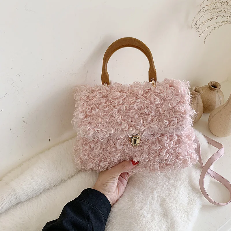 Элегантная женская маленькая сумка зимняя модная новая качественная мягкая плюшевая женская дизайнерская сумка сумки-мессенджеры через плечо с замком - Цвет: Pink