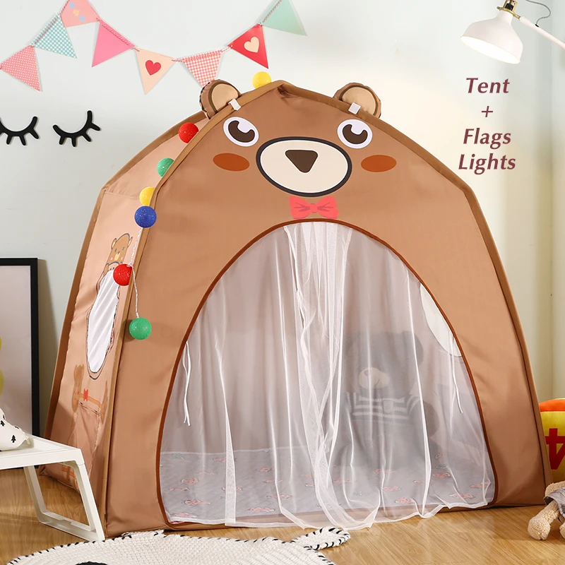 Детский Сияющий домик для игр, Игровая палатка с подсветкой, игровой домик Tipi, 130 см, с карманом на окно, хлопковый коврик для мальчиков и девочек, подарок на день рождения - Цвет: bear