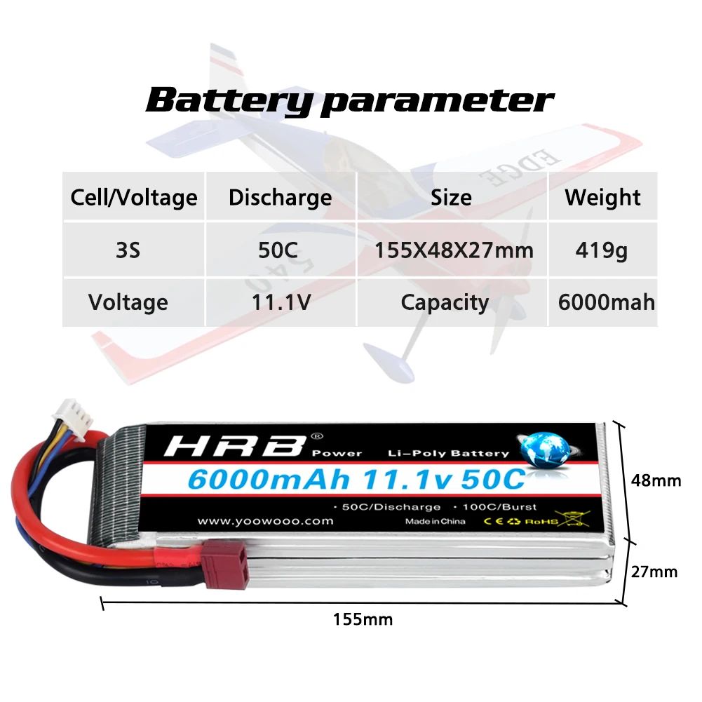 2Packs HRB 3S Lipo Battery 6000mAh 50C 11.1V Lipo with Deans T Plug For RC Car E-revo Xmaxx 1/8 1/10 RC Drone Helicopter Boat