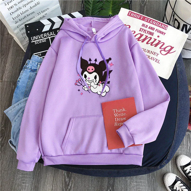 New Harajuku Streetwear Devil Print Purple Women Hoodie Long Sleeve O-Neck Hoodoe Causal Loose Autumn Winter Gothic Top | Женская одежда