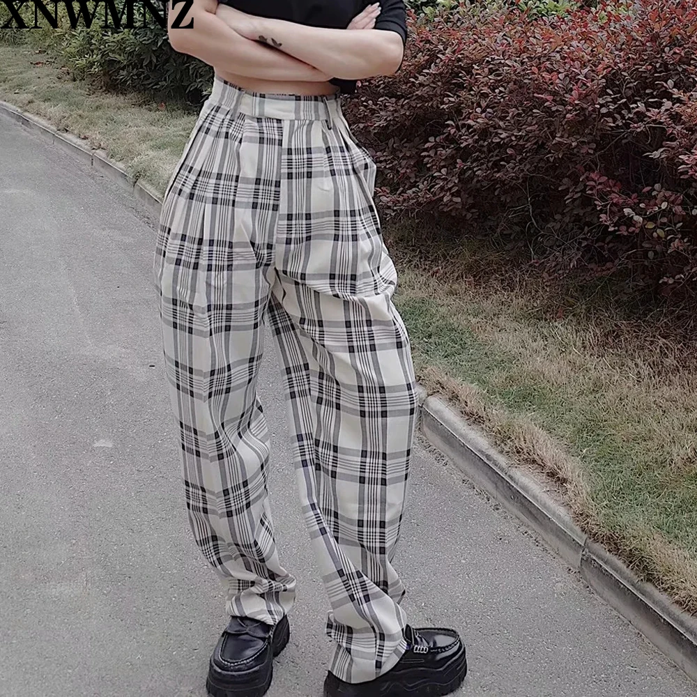 

XNWMNZ Za Autumn Winter Plaid Pants Women's 2020 New High Waist Retro Loose Wide Leg Female Casual Straight-Leg Chic Pants