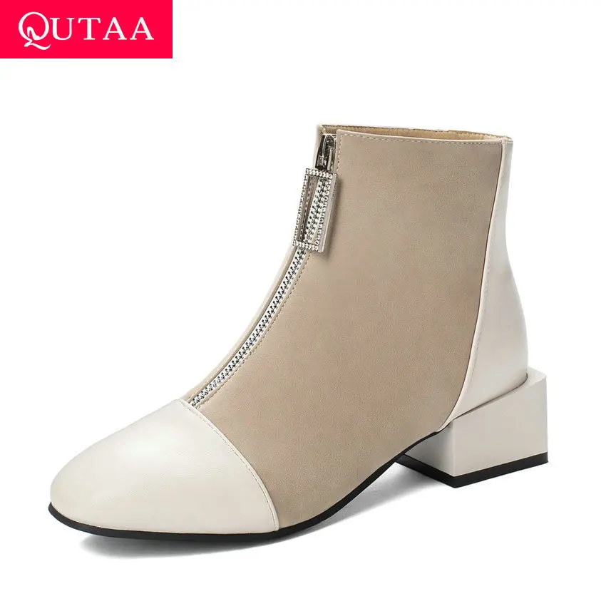 

QUTAA 2020 Retro Square Toe Patchwork PU Leather Scrub Fashion Women Shoes Square Heel Crystal Zipper Ankle Boots Size 34-43