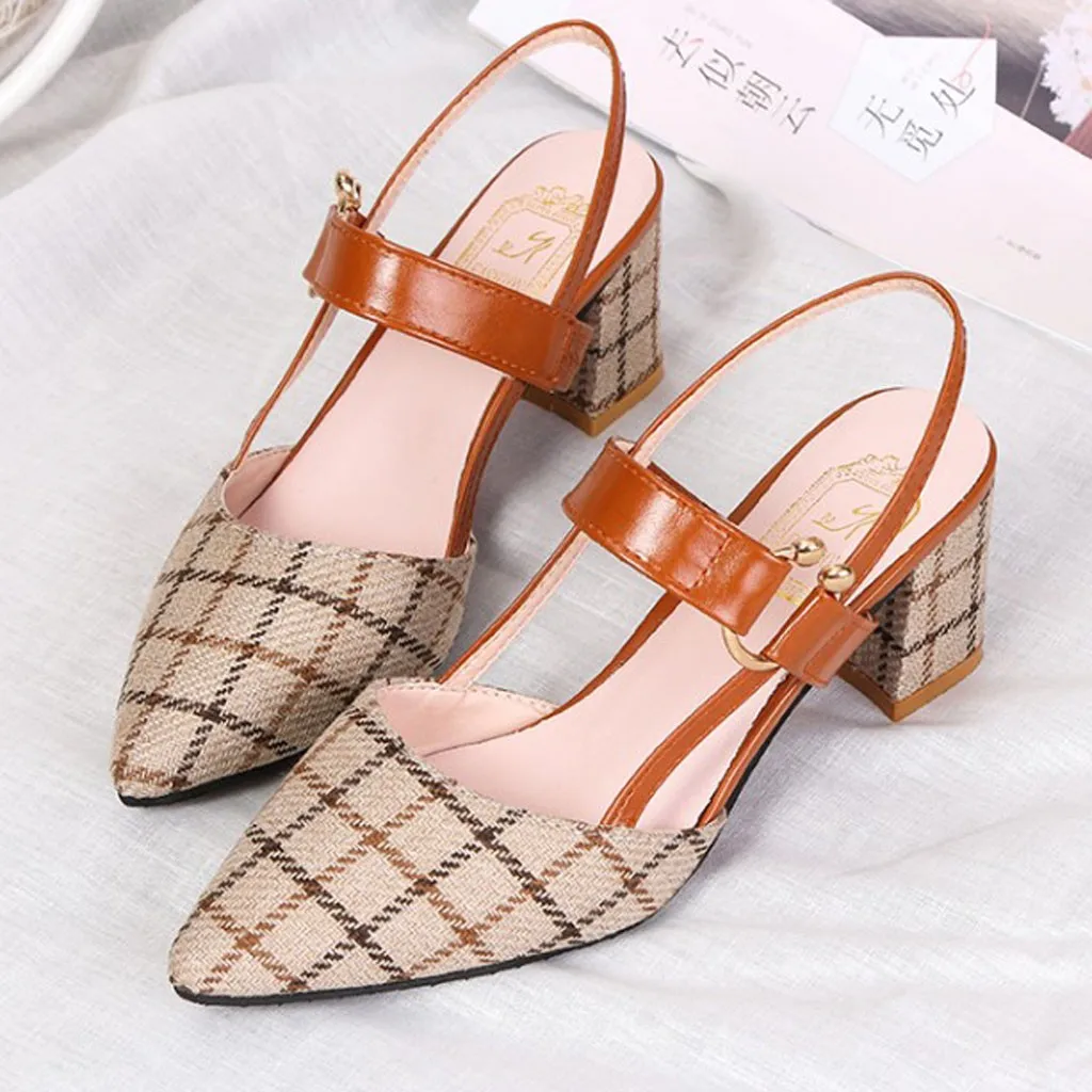 Summer Wild Thick Lattice Buckle Single Shoes Women's High Heel Sandals Stripe Party zapatos de mujer tacon#G10 | Обувь