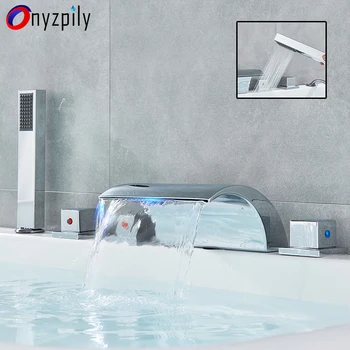 

Onyzpily LED Waterfall Bathtub Shower Faucet Widespread Tub Sink Faucet Three Handles Hot Cold Water Mixer Shower Faucet Bath Ta