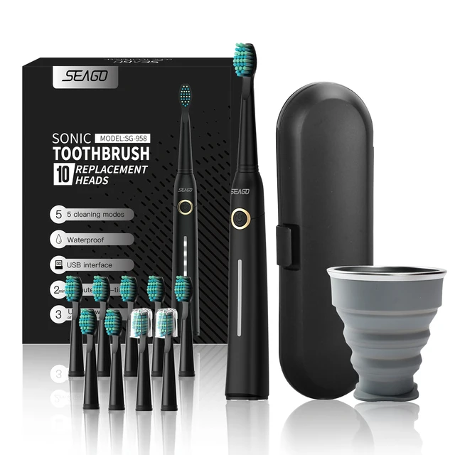 Seago Sonic Electric Toothbrush Tooth brush USB Rechargeable adult Waterproof Ultrasonic automatic 5 Mode with Travel case black 10head box cup