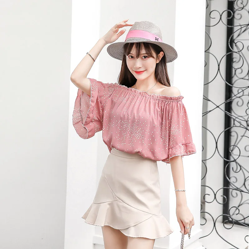 

Women's Chiffon Shirt 2020 Spring Loose Fashion Ruffle Sleeve Polka Dot Ruffled Stripe Collar Slash neck Summer Shirt Chiffon XL