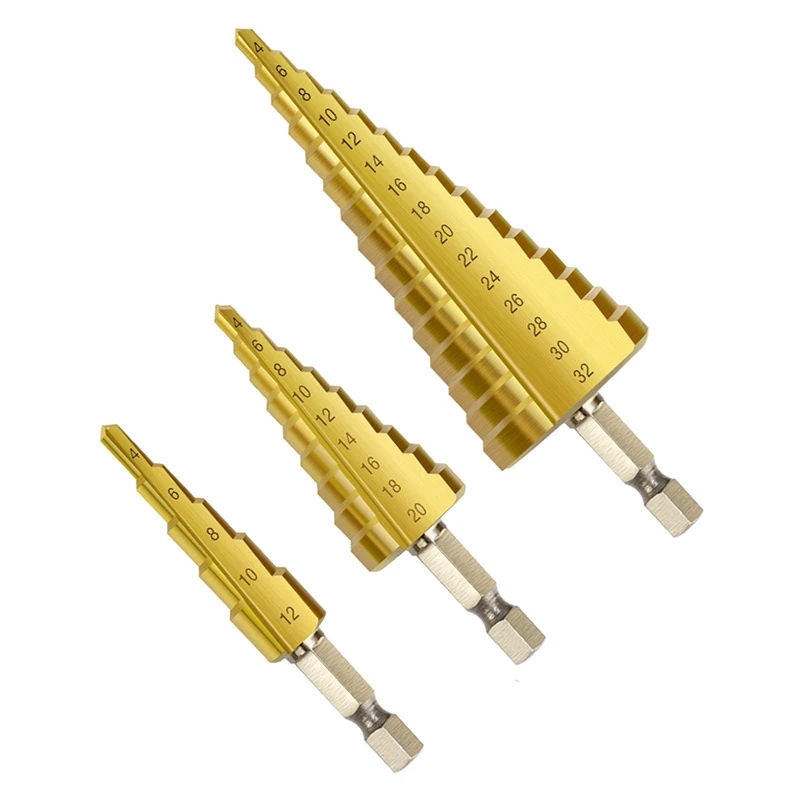 

4-12mm 4-20mm 4-32mm Hex Shank 3 in 1 Step Cone Drill Bit 4241High Speed Steel Coated Metal Hole Cutter Center Drill Bit