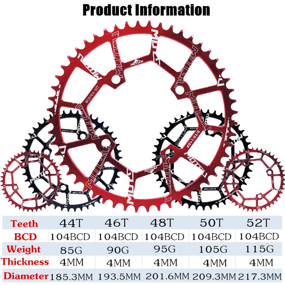 MOTSUV круглый 104BCD 40/42/44/46/48/50/52T горный велосипед Звездочка MTB велосипед диаметра окружности болтов(Алюминий узкая широкая цепь из колец цепь BCD 104 мм