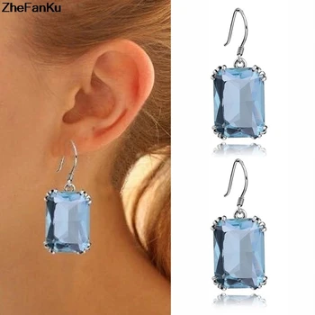 

Elegant Big Square Crown Earrings Blue Stone Crystal Silver Plated Drop Earrings For Women Gift Vintage Jewelry