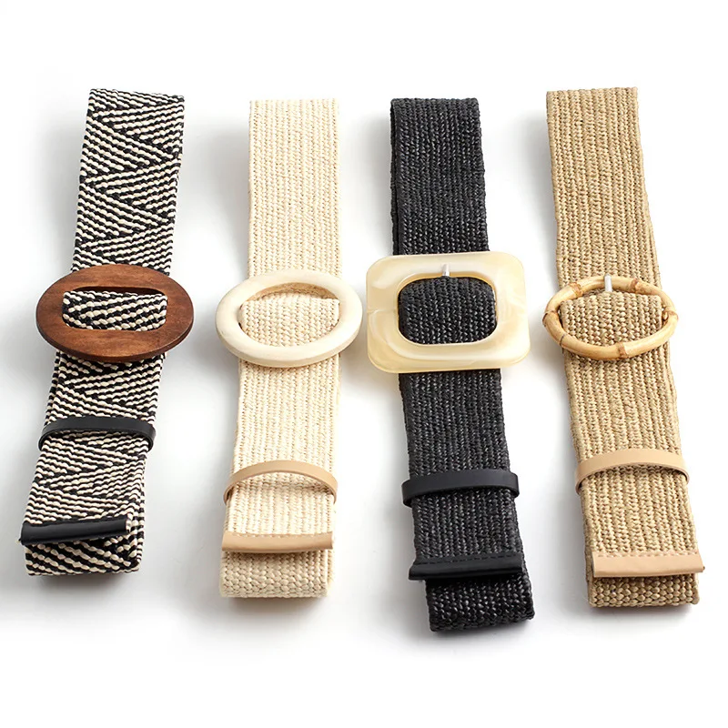 

New fashion PP straw woven elastic wide belt round buckle square buckle hand woven belt ladies accessories 2020