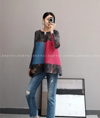 Горячая Miyake складки мода с длинным рукавом o-образным вырезом печати сплайсинга Цвет Офисная Женская футболка