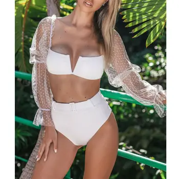 

Women Bikini Set Beachwear Long Transparent Polka Dot Sleeve Swimwear Push-Up White Bandage Bathing Suit Women's Swimsuit 2020