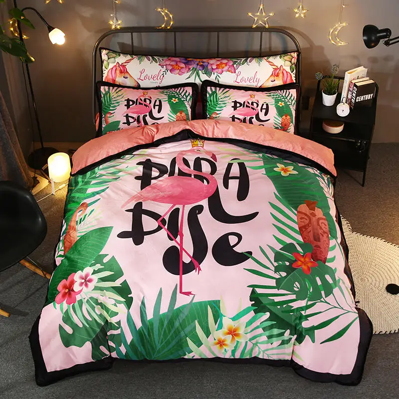 Flamingo Bedding Sets Waiting in the flowers Bed Set Cartoon Children Black edge bed linen Four piece set of single/double | Дом и сад