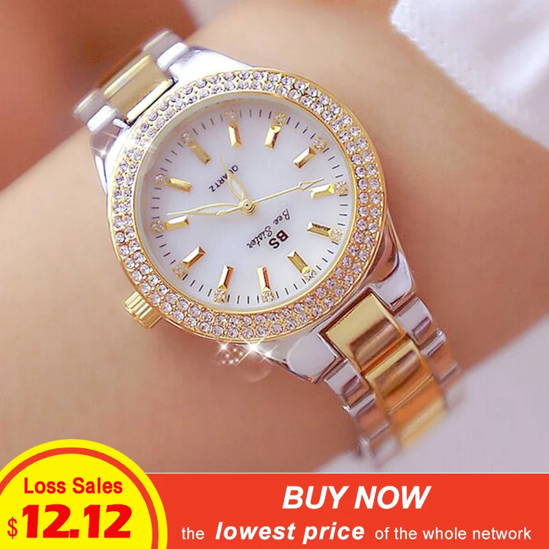 Прямая поставка BS Брендовые женские часы с кристаллами женские модные кварцевые часы женские часы из нержавеющей стали под платье золотые часы Relogio feminino