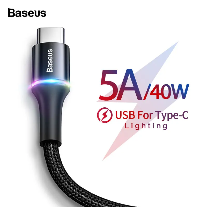 Baseus 5A светодиодный зарядное устройство с интерфейсом Lightning Кабель для Xiaomi Redmi k20 huawei P30 Pro 40 Вт Быстрое зарядное устройство USB-C кабель type-C провод шнур