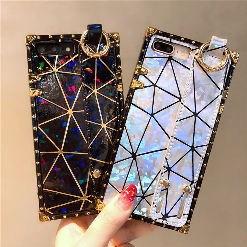 

Luxury Shining Laser wrist Bracket square soft silicon cover case for apple iphone 6 6S S 7 7plus 8 8plus X XR XS max phone capa