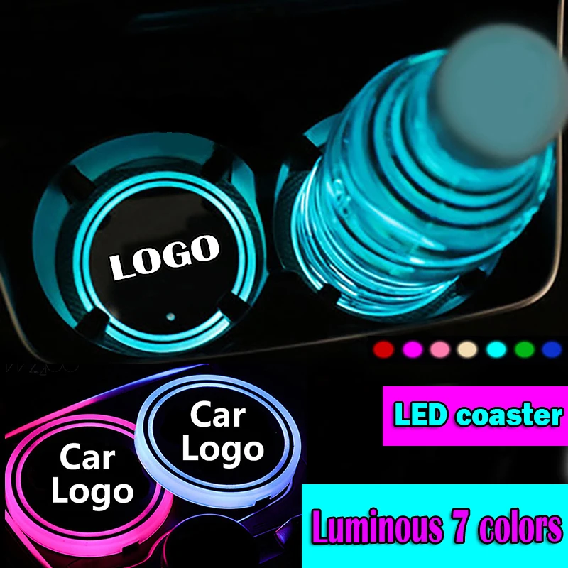 

1x Car Logo LED Cup Holder Pads Light Mats Bottle Coasters 7 Colors For Honda BMW Mini Audi Opel Mercedes Benz Car accessories