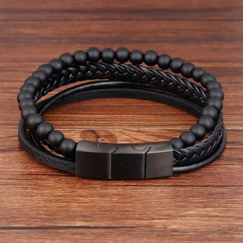 

Natural Stone Lava Stone Leather Bracelet Adjustable Stainless Steel Magnetic Buckle Braided Leather Bracelet for Men